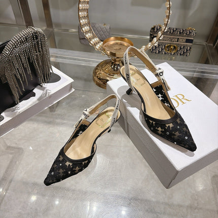 DIOR 26S POINTED TOE SLINGBACK PUMPS 40MM IN BLACK MESH EMBROIDERED FLORAL