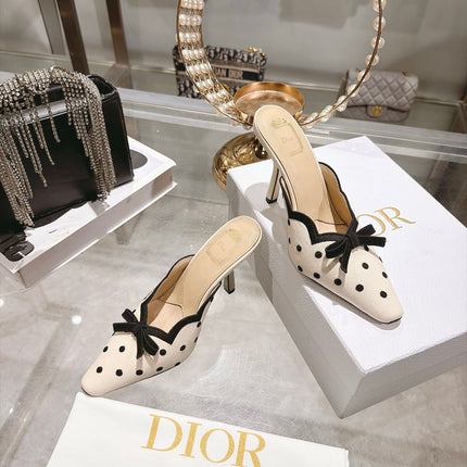 DIOR 26S POINTED TOE HIGH HEEL MULES IN BEIGE AND BLACK FABRIC POLKA DOT
