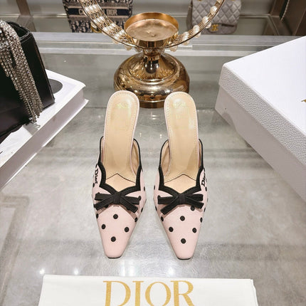 DIOR 26S POINTED TOE HIGH HEEL MULES IN LIGHT PINK AND BLACK FABRIC POLKA DOT