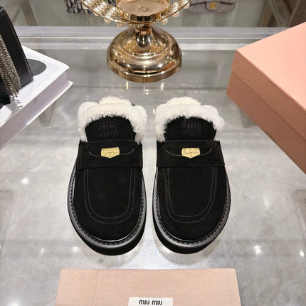 MIUMIU 26S FUR LINED PLATFORM LOAFER MULES IN BLACK SUEDE GOLD HARDWARE