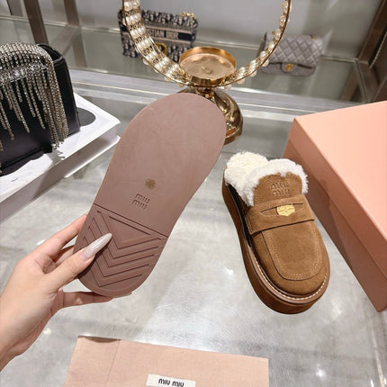 MIUMIU 26S FUR LINED PLATFORM LOAFER MULES IN CARAMEL BROWN SUEDE GOLD HARDWARE