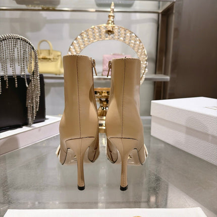 DIOR 26S STILETTO HEEL BOOTS 80MM IN BEIGE CALFSKIN WITH FRONT BOW