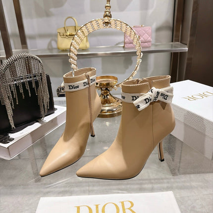 DIOR 26S STILETTO HEEL BOOTS 80MM IN BEIGE CALFSKIN WITH ANKLE BOW