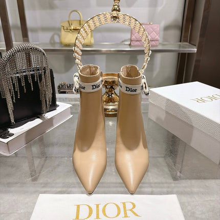 DIOR 26S STILETTO HEEL BOOTS 80MM IN BEIGE CALFSKIN WITH ANKLE BOW