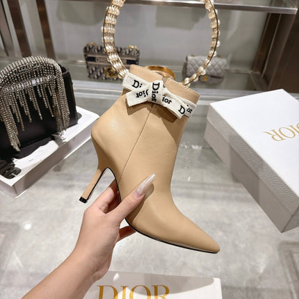 DIOR 26S STILETTO HEEL BOOTS 80MM IN BEIGE CALFSKIN WITH ANKLE BOW