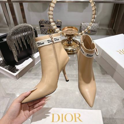 DIOR 26S STILETTO HEEL BOOTS 80MM IN BEIGE CALFSKIN WITH ANKLE BOW