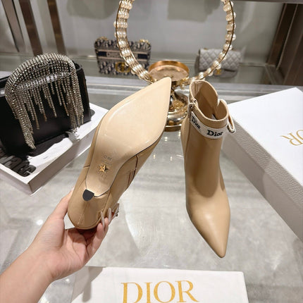 DIOR 26S STILETTO HEEL BOOTS 80MM IN BEIGE CALFSKIN WITH ANKLE BOW