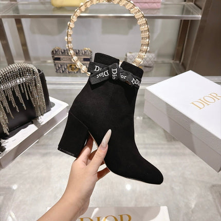 DIOR 26S BLOCK HEEL ANKLE BOOTS 80MM IN BLACK SUEDE WITH ANKLE BOW