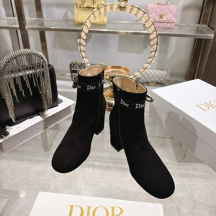 DIOR 26S BLOCK HEEL ANKLE BOOTS 80MM IN BLACK SUEDE WITH ANKLE BOW