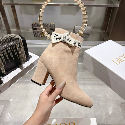 DIOR 26S BLOCK HEEL ANKLE BOOTS 80MM IN NUDE BEIGE SUEDE WITH ANKLE BOW