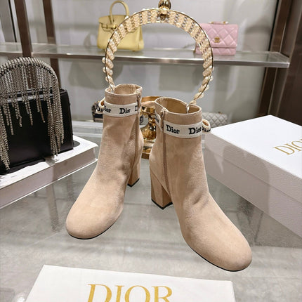 DIOR 26S BLOCK HEEL ANKLE BOOTS 80MM IN NUDE BEIGE SUEDE WITH ANKLE BOW