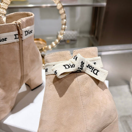 DIOR 26S BLOCK HEEL ANKLE BOOTS 80MM IN NUDE BEIGE SUEDE WITH ANKLE BOW
