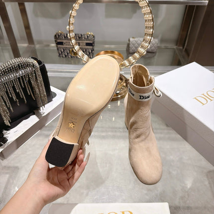 DIOR 26S BLOCK HEEL ANKLE BOOTS 80MM IN NUDE BEIGE SUEDE WITH ANKLE BOW