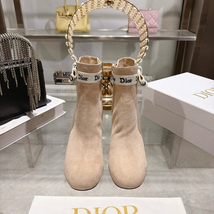 DIOR 26S BLOCK HEEL ANKLE BOOTS 80MM IN NUDE BEIGE SUEDE WITH ANKLE BOW