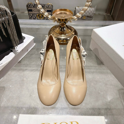 DIOR 26S BLOCK HEEL PUMPS 85MM IN BEIGE CALFSKIN WITH BOW