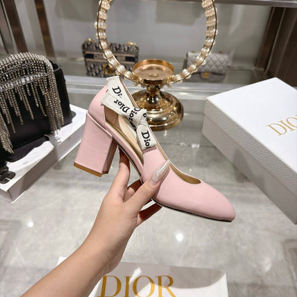 DIOR 26S BLOCK HEEL PUMPS 85MM IN LIGHT PINK CALFSKIN WITH BOW