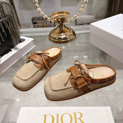 DIOR 26S SQUARE TOE BUCKLE MULE LOAFERS 30MM IN BEIGE SUEDE AND CARAMEL BROWN CALFSKIN