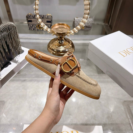 DIOR 26S SQUARE TOE BUCKLE MULE LOAFERS 30MM IN BEIGE SUEDE AND CARAMEL BROWN CALFSKIN