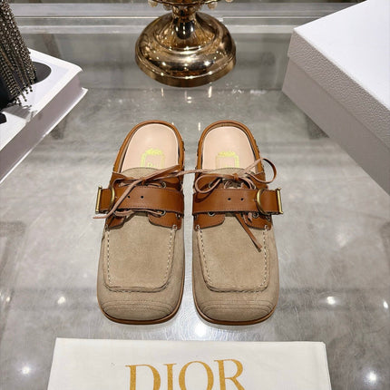 DIOR 26S SQUARE TOE BUCKLE MULE LOAFERS 30MM IN BEIGE SUEDE AND CARAMEL BROWN CALFSKIN