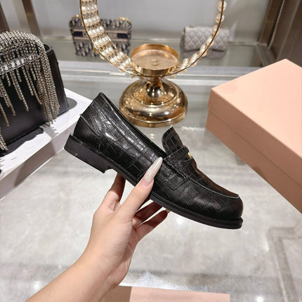MIUMIU 26S BLOCK HEEL LOAFERS 25MM IN BLACK CROCODILE EMBOSSED CALFSKIN