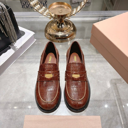 MIUMIU 26S BLOCK HEEL LOAFERS 25MM IN BROWN CROCODILE EMBOSSED CALFSKIN