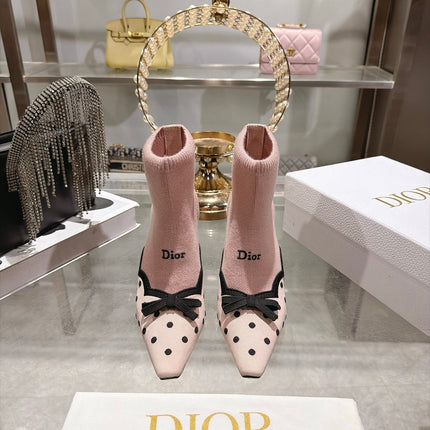 DIOR 26S POINTED TOE HIGH HEEL SOCK BOOTS 90MM IN LIGHT PINK AND BLACK KNIT FABRIC POLKA DOT