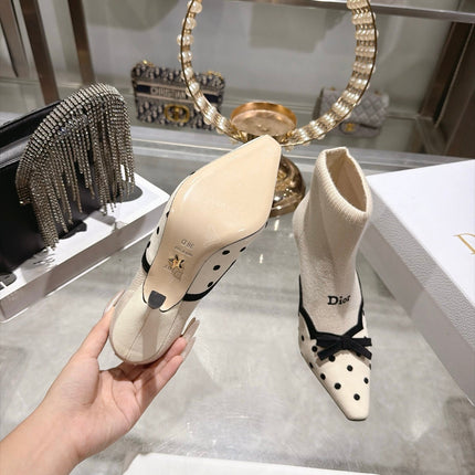 DIOR 26S POINTED TOE HIGH HEEL SOCK BOOTS 90MM IN LIGHT BEIGE AND BLACK KNIT FABRIC POLKA DOT