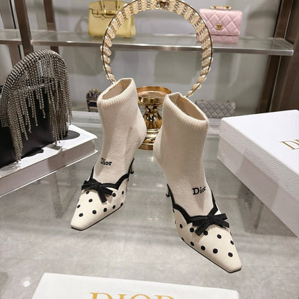DIOR 26S POINTED TOE HIGH HEEL SOCK BOOTS 90MM IN LIGHT BEIGE AND BLACK KNIT FABRIC POLKA DOT