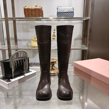 MIUMIU 26S KNEE HIGH EMBROIDERED BOOTS 50MM IN DARK BROWN CALFSKIN