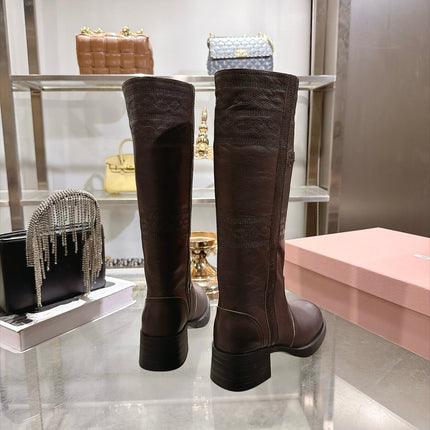 MIUMIU 26S KNEE HIGH EMBROIDERED BOOTS 50MM IN DARK BROWN CALFSKIN