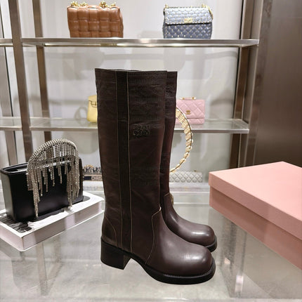 MIUMIU 26S KNEE HIGH EMBROIDERED BOOTS 50MM IN DARK BROWN CALFSKIN
