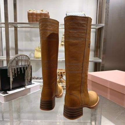 MIUMIU 26S KNEE HIGH EMBROIDERED BOOTS 50MM IN COGNAC BROWN CALFSKIN