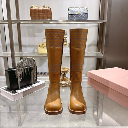 MIUMIU 26S KNEE HIGH EMBROIDERED BOOTS 50MM IN COGNAC BROWN CALFSKIN