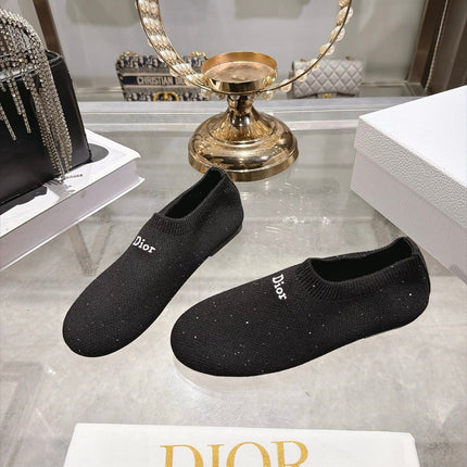 DIOR 26S SLIP ON FLATS IN BLACK KNIT FABRIC WITH EMBROIDERED LOGO