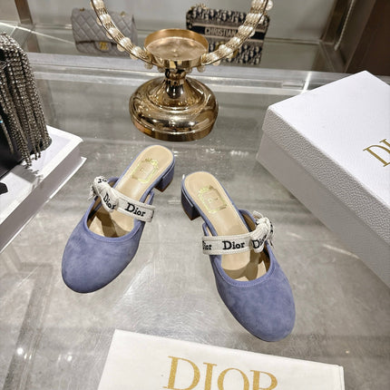 DIOR 26S LOW HEEL MULES 35MM IN DUSTY BLUE SUEDE WITH EMBROIDERED STRAP