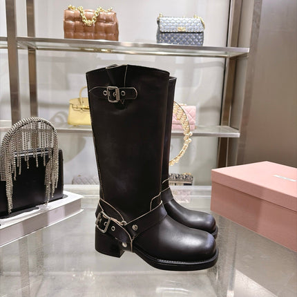 MIUMIU 26S KNEE HIGH BUCKLE BOOTS IN BLACK CALFSKIN SILVER HARDWARE