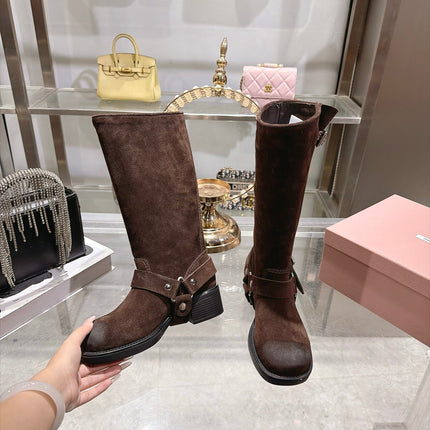 MIUMIU 26S KNEE HIGH BUCKLE BOOTS IN DARK BROWN SUEDE SILVER HARDWARE