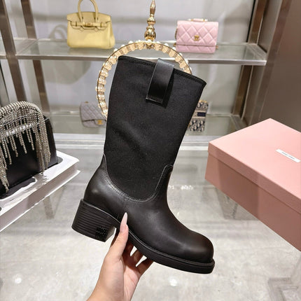 MIUMIU 26S MID CALF BLOCK HEEL BOOTS IN BLACK CALFSKIN AND STRETCH FABRIC