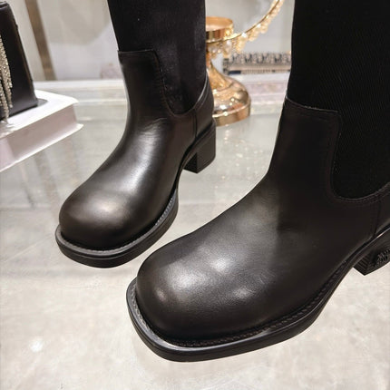 MIUMIU 26S MID CALF BLOCK HEEL BOOTS IN BLACK CALFSKIN AND STRETCH FABRIC