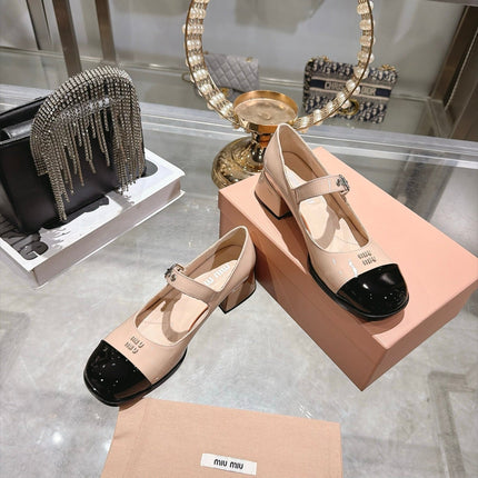 MIUMIU 26S MARY JANE BLOCK HEEL 45MM IN NUDE BEIGE PATENT CALFSKIN AND BLACK PATENT CALFSKIN CAP TOE