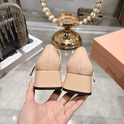 MIUMIU 26S MARY JANE BLOCK HEEL 45MM IN NUDE BEIGE PATENT CALFSKIN AND BLACK PATENT CALFSKIN CAP TOE
