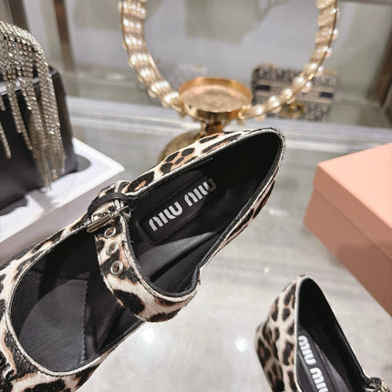 MIUMIU 26S MARY JANE BLOCK HEEL 45MM IN LEOPARD PRINT PONY HAIR AND BLACK PATENT CALFSKIN CAP TOE