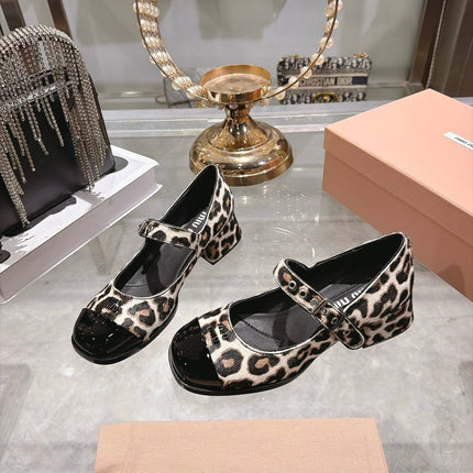 MIUMIU 26S MARY JANE BLOCK HEEL 45MM IN LEOPARD PRINT PONY HAIR AND BLACK PATENT CALFSKIN CAP TOE