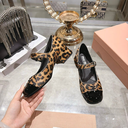 MIUMIU 26S MARY JANE BLOCK HEEL 45MM IN BROWN LEOPARD PRINT PONY HAIR AND BLACK PATENT CALFSKIN CAP TOE