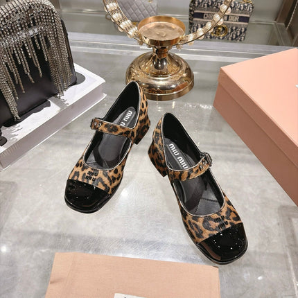MIUMIU 26S MARY JANE BLOCK HEEL 45MM IN BROWN LEOPARD PRINT PONY HAIR AND BLACK PATENT CALFSKIN CAP TOE