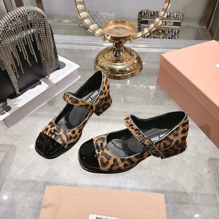 MIUMIU 26S MARY JANE BLOCK HEEL 45MM IN BROWN LEOPARD PRINT PONY HAIR AND BLACK PATENT CALFSKIN CAP TOE