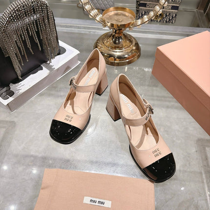 MIUMIU 26S MARY JANE BLOCK HEEL 75MM IN NUDE BEIGE PATENT CALFSKIN AND BLACK PATENT CALFSKIN CAP TOE SILVER HARDWARE