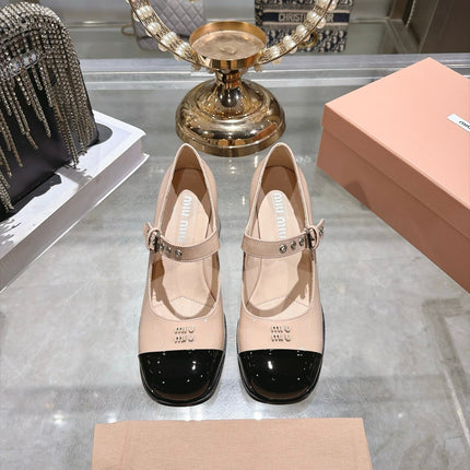 MIUMIU 26S MARY JANE BLOCK HEEL 75MM IN NUDE BEIGE PATENT CALFSKIN AND BLACK PATENT CALFSKIN CAP TOE SILVER HARDWARE