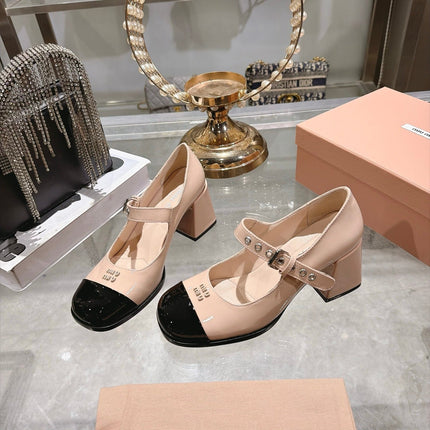 MIUMIU 26S MARY JANE BLOCK HEEL 75MM IN NUDE BEIGE PATENT CALFSKIN AND BLACK PATENT CALFSKIN CAP TOE SILVER HARDWARE