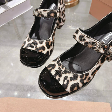 MIUMIU 26S MARY JANE BLOCK HEEL 75MM IN LEOPARD PRINT PONY HAIR AND BLACK PATENT CALFSKIN CAP TOE